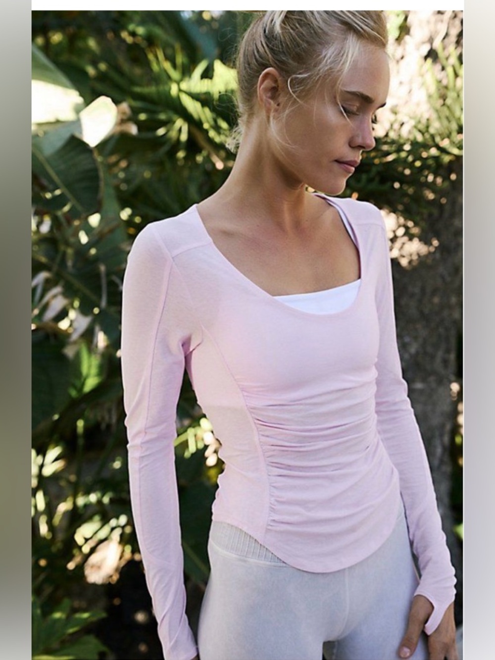 FP Movement Accelerate Top Light Pink Long Sleeve Ruched Scoop Neck Top, Large